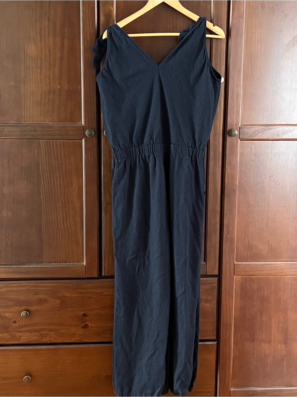 Linen Blend Jumpsuit Tie Shoulder Wide Leg Navy - Just Living M